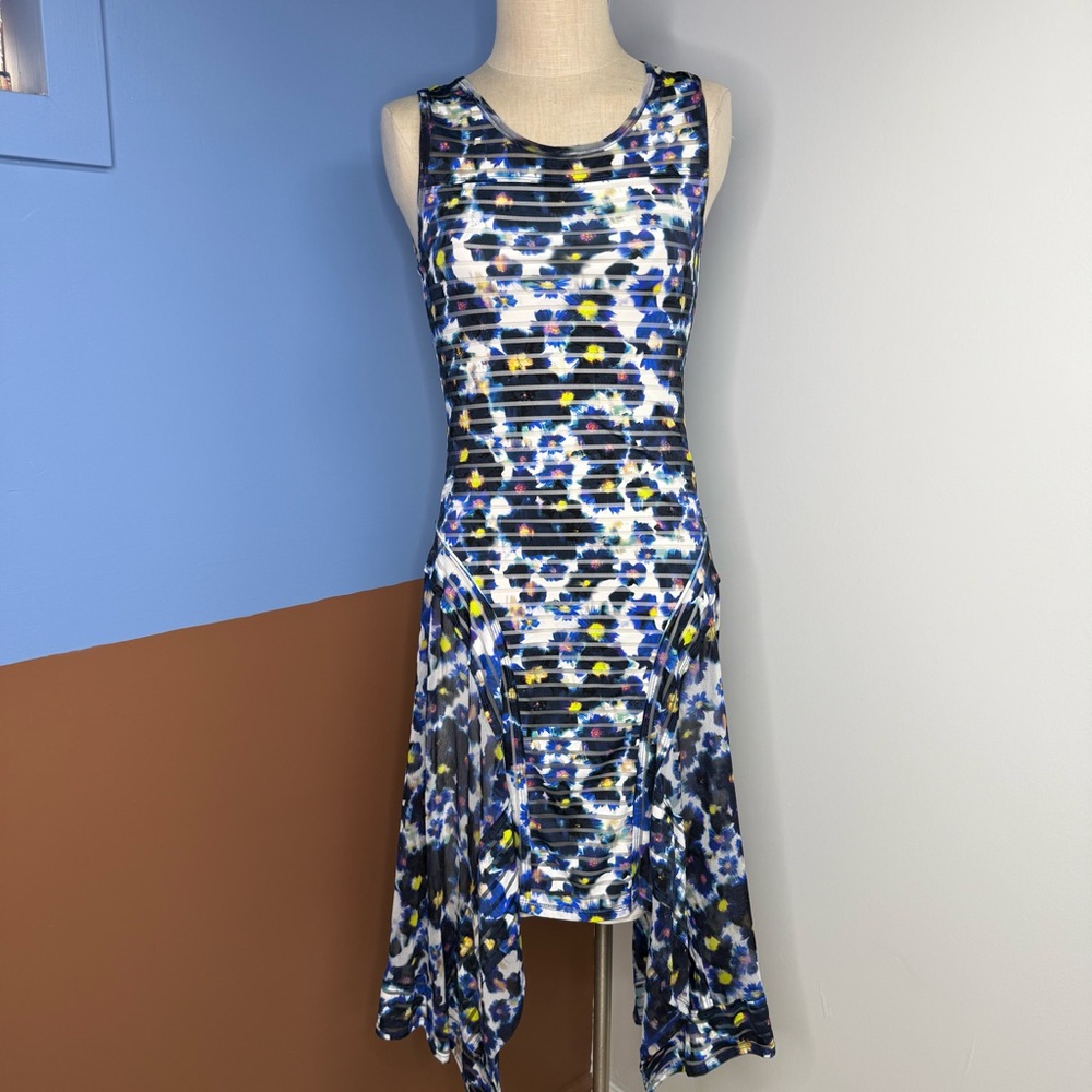 FUZZI Jean Paul Gaultier Floral Striped Handkerchief Hem Midi Dress Blue Medium